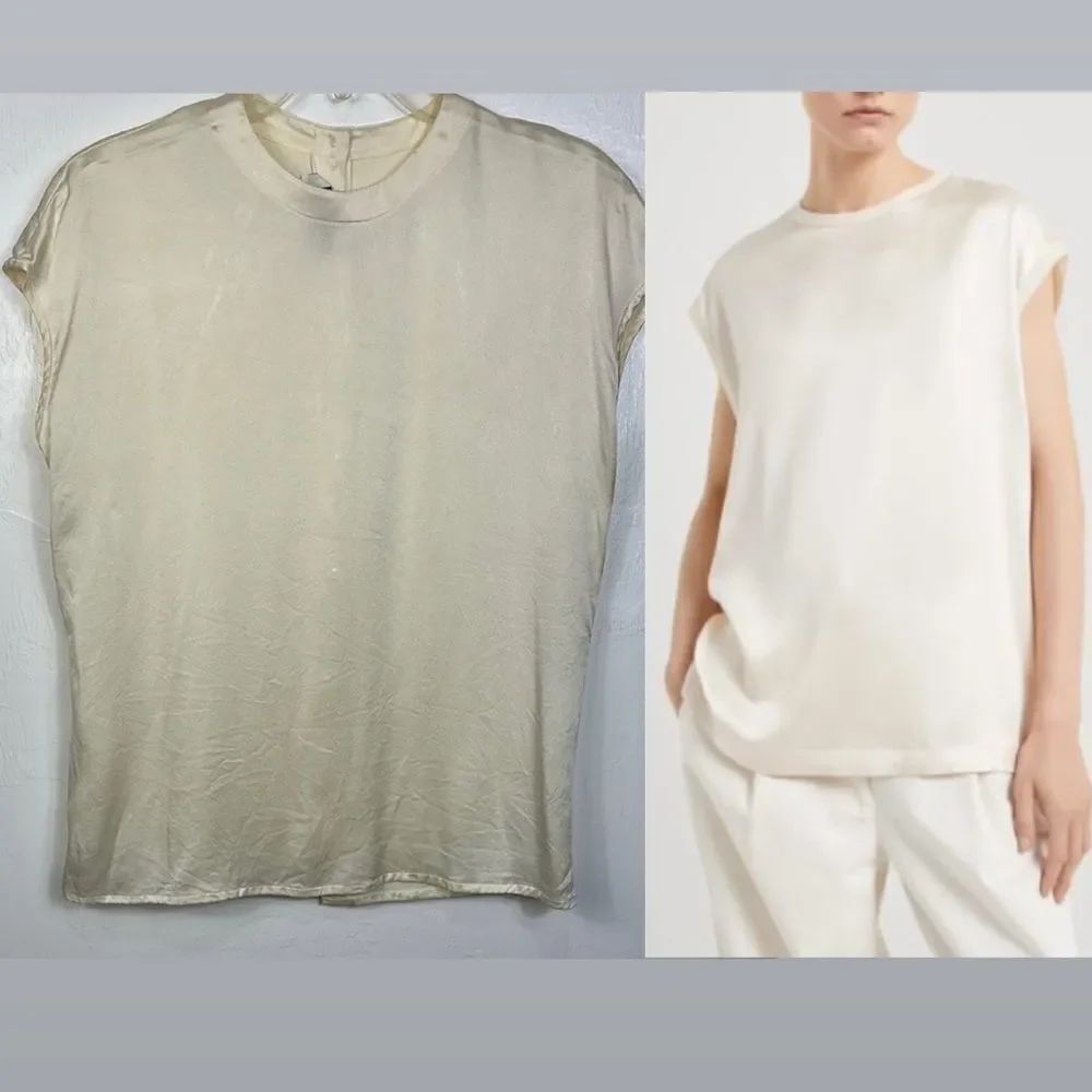 St. John Silk Neutral Cream Cap Sleeve Crew Neck Top Blouse Size 8